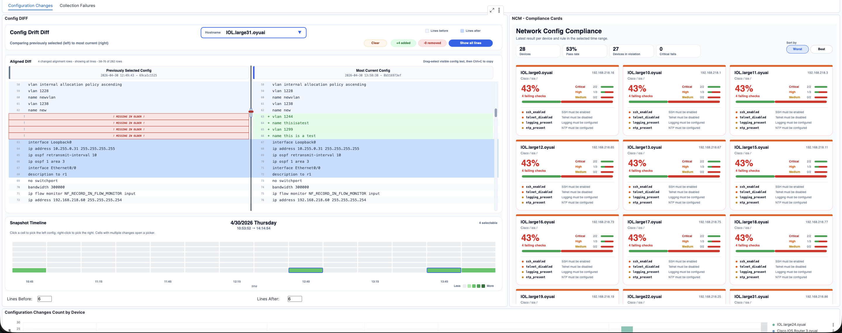 QuantumFlow Enterprise network configuration management dashboard showing config change diffs across network devices